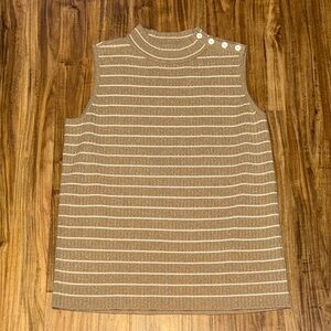 Talbots women 1x 14 16 Sweater Tank Mock Neck metallic gold white stripe nwt